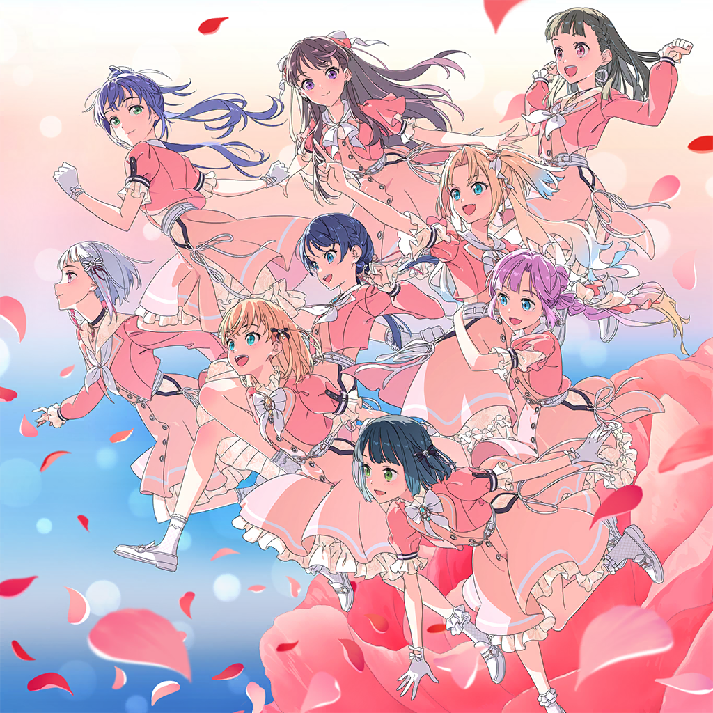 6+girls, :d, ahoge, album_cover, anyoji_hime, aqua_eyes, arms_up, black_choker, black_hair, black_ribbon, blonde_hair, bloom_the_smile_bloom_the_dream!, blue_background, blue_eyes, blue_hair, blunt_bangs, blunt_ends, bob_cut, braid, brown_hair, center-flap_bangs, choker, closed_mouth, colored_inner_hair, cone_hair_bun, copyright_name, cover, cropped_jacket, crossed_bangs, dark_blue_hair, dress, everyone, falling_petals, fang, flower, frilled_dress, frilled_socks, frills, fujishima_megumi, game_cg, gloves, gradient_background, gradient_hair, green_eyes, grey_hair, group_name, hair_bun, hair_ribbon, hinoshita_kaho, hug, inverted_bob, jacket, kachimachi_kosuzu, katoh_akatsuki, layered_dress, light_blue_hair, link!_like!_love_live!, loafers, long_hair, long_sleeves, looking_ahead, looking_to_the_side, love_live!, low_twintails, medium_dress, medium_hair, momose_ginko, multi-tied_hair, multicolored_background, multicolored_hair, multiple_girls, murano_sayaka, neckerchief, non-web_source, official_alternate_costume, official_art, open_clothes, open_jacket, open_mouth, orange_hair, osawa_rurino, otomune_kozue, parted_bangs, petals, pink_background, pink_dress, pink_eyes, pink_flower, pink_hair, pink_jacket, pink_ribbon, ponytail, puffy_long_sleeves, puffy_short_sleeves, puffy_sleeves, purple_hair, red_eyes, ribbon, shoes, short_hair, short_sleeves, side_braids, side_ponytail, side_up_bun, sidelocks, single_side_bun, smile, socks, song_name, split_mouth, straight_hair, streaked_hair, swept_bangs, teeth, textless_version, twintails, two_side_up, upper_teeth_only, violet_eyes, virtual_youtuber, white_footwear, white_gloves, white_neckerchief, white_ribbon, white_socks, yellow_background, yugiri_tsuzuri