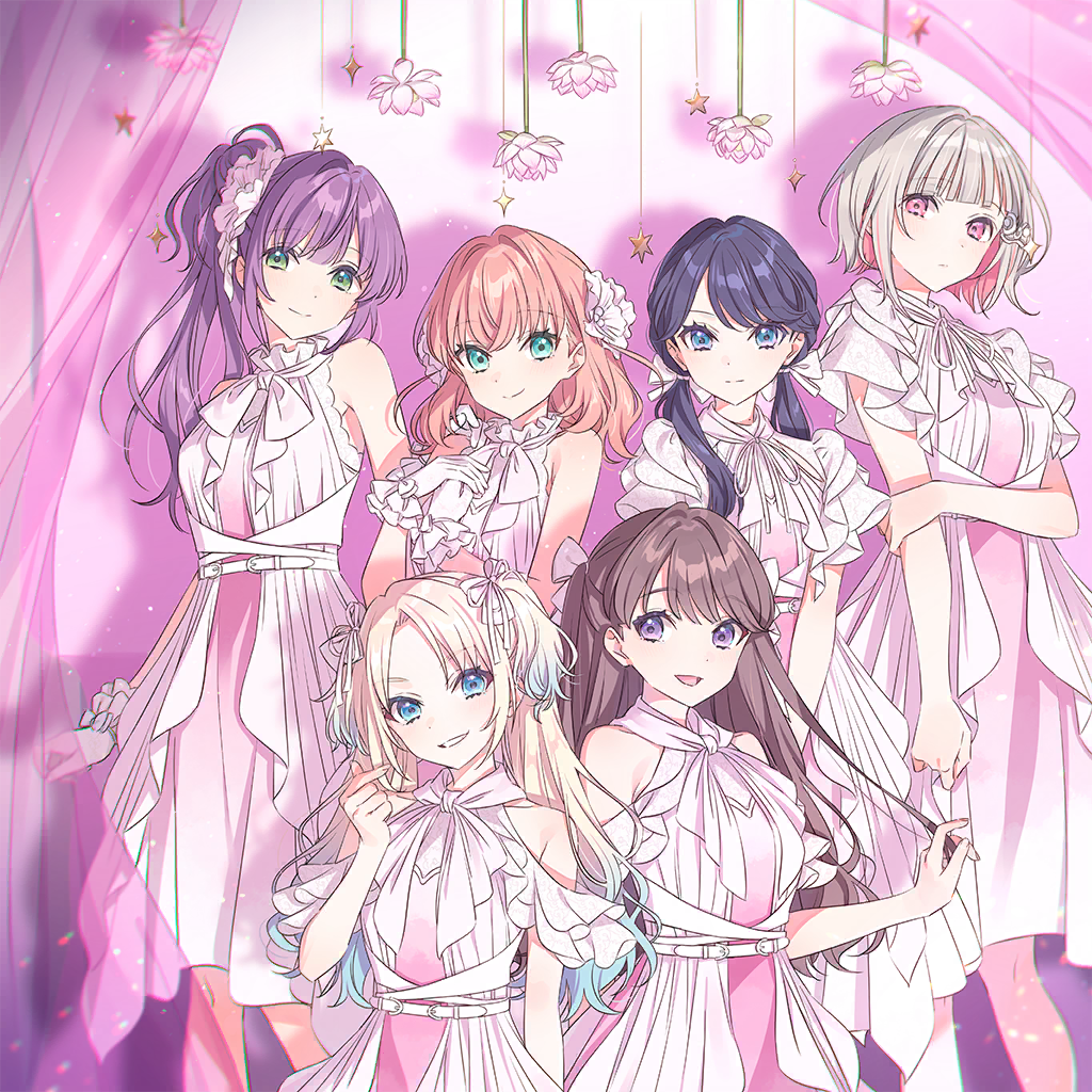 6+girls, :/, :d, album_cover, aqua_eyes, arm_at_side, armpit_crease, arms_at_sides