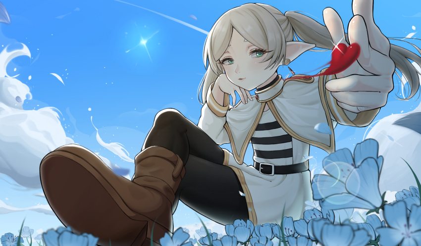 1girl, belt, black_belt, black_pantyhose, boots, capelet, commentary_request, crossed_legs, earrings, flat_chest, floating_earring, flower, frieren, frieren_blowing_a_kiss, green_eyes, heart, highres, jewelry, long_hair, long_sleeves, looking_at_viewer, nemophila_(flower), outdoors, pantyhose, parted_bangs, parted_lips, pointy_ears, shirt, solo, sousou_no_frieren, striped_clothes, striped_shirt, symbol_world, textless_version, twintails, white_capelet, white_hair