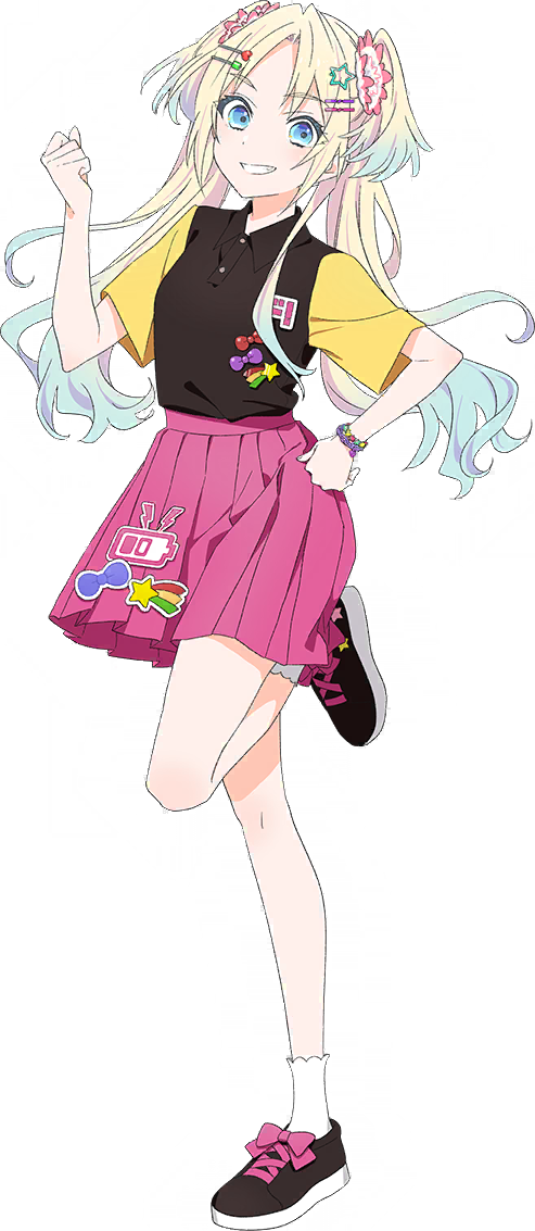 1girl, black_footwear, black_shirt, blonde_hair, blue_eyes, blue_hair, bow, clenched_hands