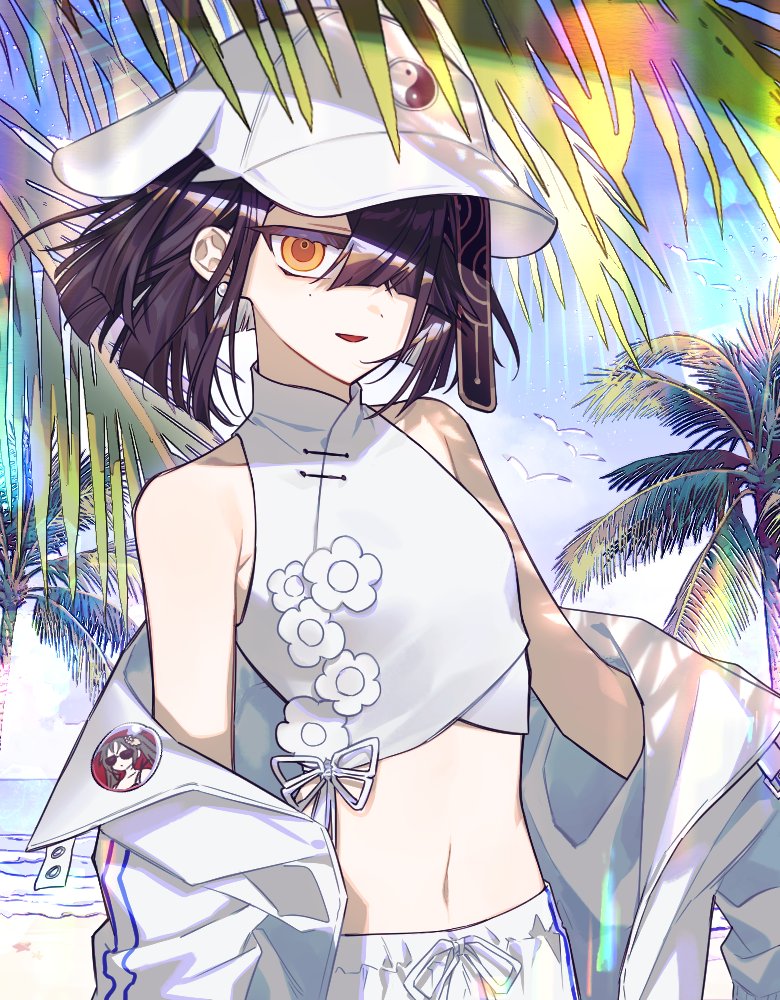 1girl, bare_shoulders, baseball_cap, beach, bird, black_hair, blue_sky, character_badge