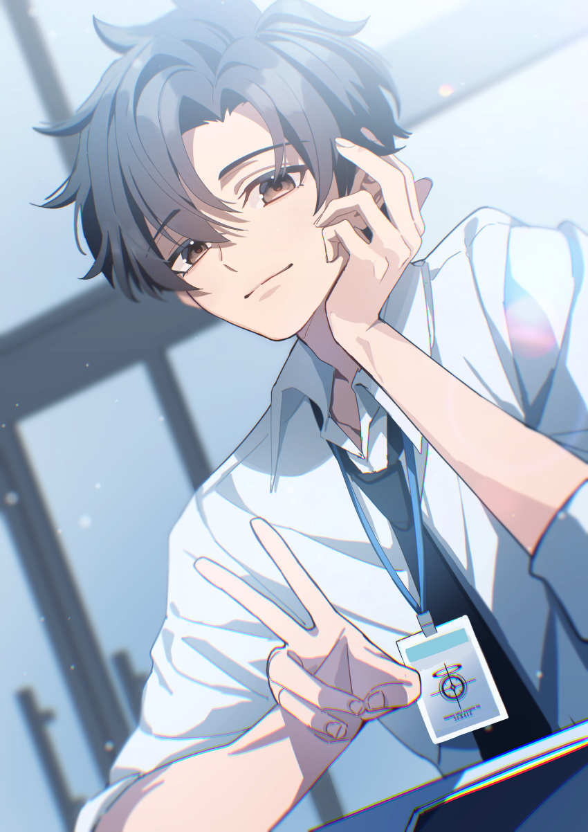 1boy, absurdres, black_hair, black_necktie, blue_archive, blue_archive_the_animation, brown_eyes, closed_mouth