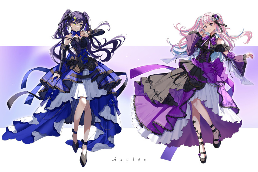 >:), 2girls, ankle_strap, aoi_wasabi, arm_warmers, back_bow, bare_shoulders, bell_sleeves, black_bow, black_corset, black_dress, black_ribbon, blue_bow, blue_bowtie, blue_dress, blue_eyeshadow, blue_hair, blue_nails, bow, bowtie, braid, braided_bangs, closed_mouth, clothing_cutout, colored_inner_hair, corset, cross_print, detached_sleeves, dress, dress_bow, dress_flower, eyeshadow, flower, frilled_dress, frilled_sleeves, frills, full_body, green_eyes, hair_between_eyes, hair_bow, hair_flower, hair_ornament, hairclip, hand_to_own_mouth, high-low_skirt, high_heels, highres, indie_virtual_youtuber, konohana_sakuya_(vtuber), layered_dress, long_dress, long_hair, long_sleeves, looking_at_viewer, makeup, michikake16, mole, mole_under_eye, multicolored_clothes, multicolored_dress, multicolored_hair, multiple_girls, nail_polish, official_art, pink_eyeshadow, pink_hair, pink_nails, pumps, purple_bow, purple_bowtie, purple_dress, purple_flower, purple_hair, purple_rose, ribbon, rose, short_sleeves, shoulder_cutout, smile, standing, strapless, strapless_dress, streaked_hair, striped_bow, swept_bangs, twintails, two-tone_hair, two_side_up, v-shaped_eyebrows, violet_eyes, waist_bow, white_background, white_dress, x_hair_ornament