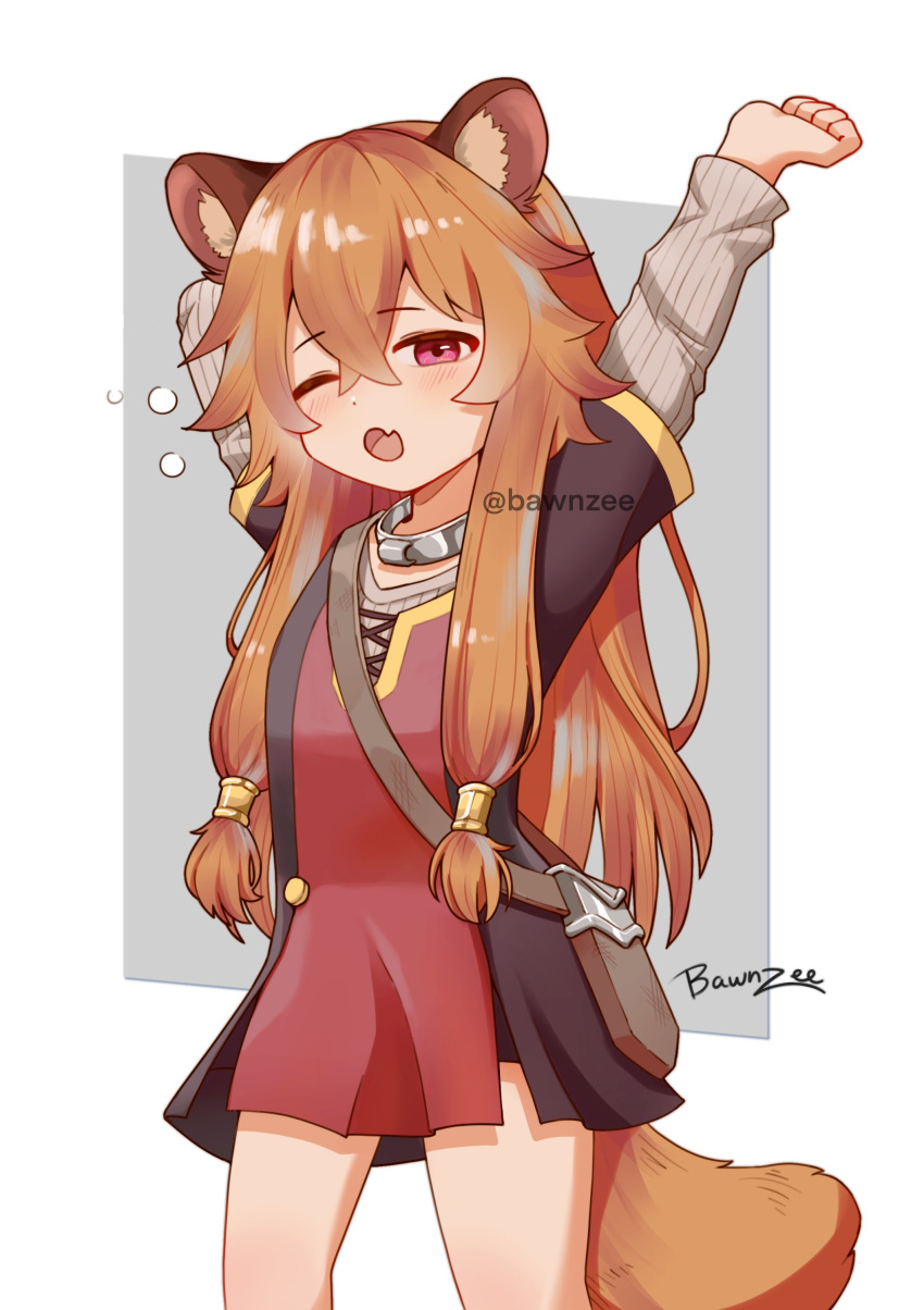 1girl, :o, absurdres, animal_ear_fluff, animal_ears, arms_up, artist_name, bawnzee, bike_shorts, black_dress, black_shorts, blush, border, brown_hair, child, collar, commentary, cowboy_shot, double-parted_bangs, dress, fang, grey_background, grey_dress, hair_between_eyes, highres, knife_sheath, layered_dress, long_sleeves, looking_at_viewer, metal_collar, multicolored_clothes, multicolored_dress, one_eye_closed, open_mouth, outside_border, raccoon_ears, raccoon_girl, raccoon_tail, raphtalia, red_dress, red_eyes, sheath, short_dress, shorts, signature, skin_fang, solo, standing, stretching, tail, tate_no_yuusha_no_nariagari, twitter_username, waking_up, white_border, yellow_trim