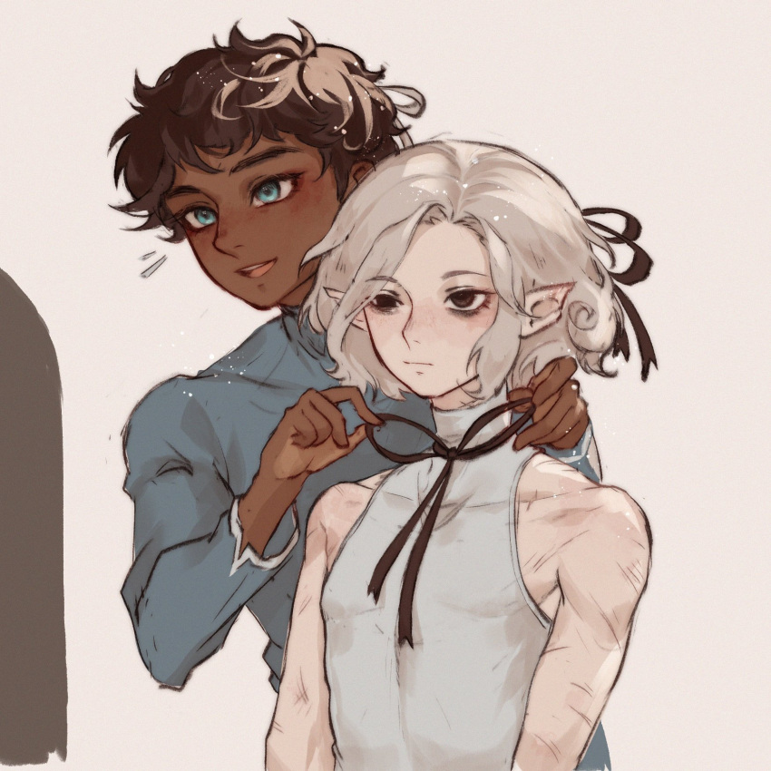 2boys, bags_under_eyes, black_eyes, black_hair, blue_eyes, blue_shirt, blush, curly_hair