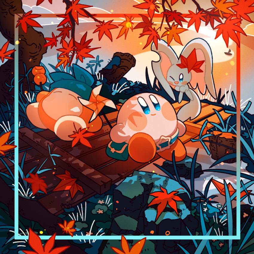 absurdres, autumn_leaves, bandana, bandana_waddle_dee, belt, blue_bandana, blush_stickers, border, bright_pupils, closed_eyes, elfilin, floating, glef_life, highres, holding, horizon, kirby, kirby_(series), kirby_and_the_forgotten_land, looking_up, lying, no_humans, no_mouth, no_nose, on_back, one_eye_closed, outdoors, pinwheel, smile, sunset, white_pupils