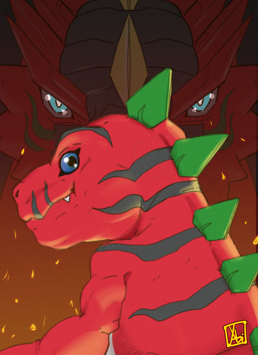 artist_logo, close-up, colored_skin, digimon, digimon_(creature), dinomon, dinosaur, english_commentary, evolutionary_line, fang, from_behind, green_eyes, highres, looking_at_viewer, looking_back, no_humans, red_skin, smile, tyranomon, upper_body, xabimaruru