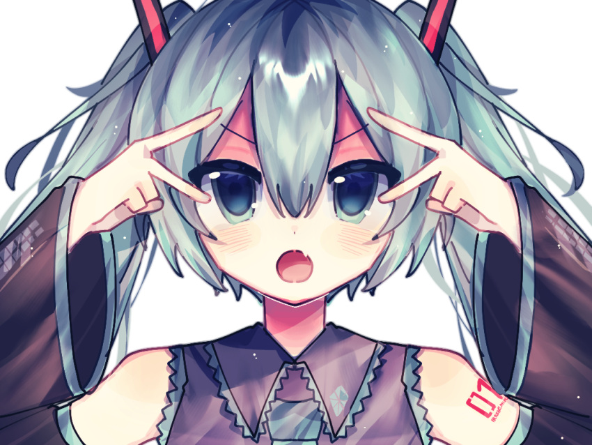 1girl, 2000s_(style), acg49, aqua_eyes, aqua_hair, bare_shoulders, blush, commentary, detached_sleeves, double_inward_v, double_v, english_commentary, hair_between_eyes, hatsune_miku, long_hair, looking_at_viewer, m@gical_cure!_love_shot!_(vocaloid), meme, miku_miku_beaaaam!!_(meme), necktie, open_mouth, shirt, simple_background, sleeveless, solo, twintails, v, v_over_eye, variant_set, vocaloid, white_background