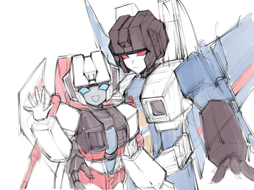 azuredawn40, blue_eyes, decepticon, frown, hand_on_another's_waist, highres, mecha, mecha_focus