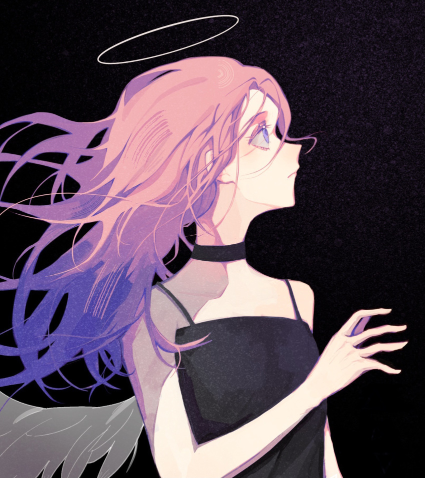 1girl, bare_shoulders, black_background, black_choker, black_dress, chinese_commentary, choker, commentary_request, dress, flat_chest, from_side, halo, hand_up, highres, long_hair, minecraft_youtube, nihachu, pink_hair, simple_background, solo, upper_body, vindalien, violet_eyes, wings