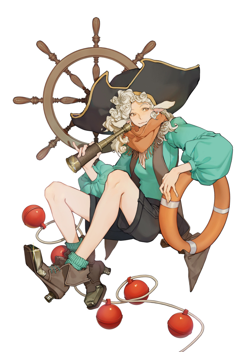 1girl, absurdres, animal_ears, boots, captainpuffy, chinese_commentary, commentary_request, full_body, hat, highres, holding, long_hair, looking_at_viewer, minecraft_youtube, pirate_hat, popoxu, scarf, sheep_ears, sheep_girl, shorts, sitting, smile, socks, solo, spyglass, steering_wheel, white_background, white_hair, yellow_eyes