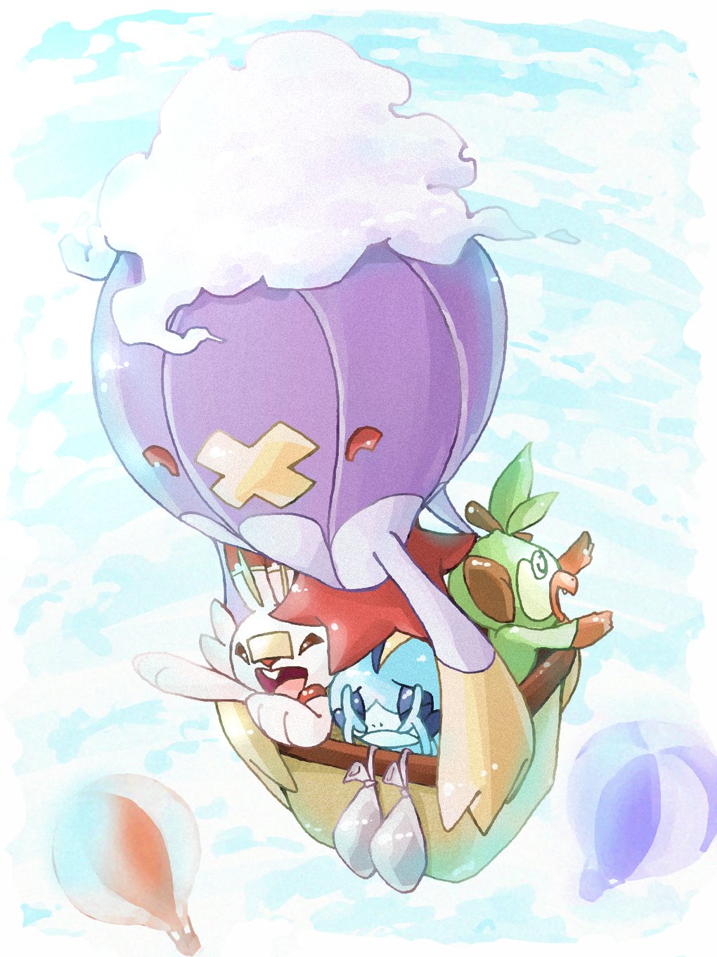 aircraft, basket, closed_eyes, clouds, crying, drifblim, flying, grookey