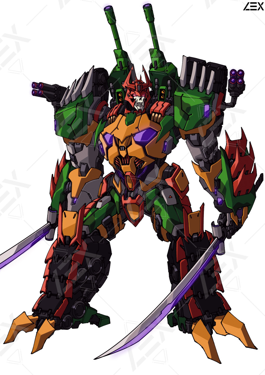 absurdres, bludgeon_(transformers), commission, decepticon, dual_wielding, english_commentary, highres, holding, holding_sword, holding_weapon, lextodrawstuff, looking_to_the_side, mecha, mecha_focus, orange_eyes, redesign, robot, shoulder_cannon, simple_background, sword, transformers, v-fin, weapon, white_background
