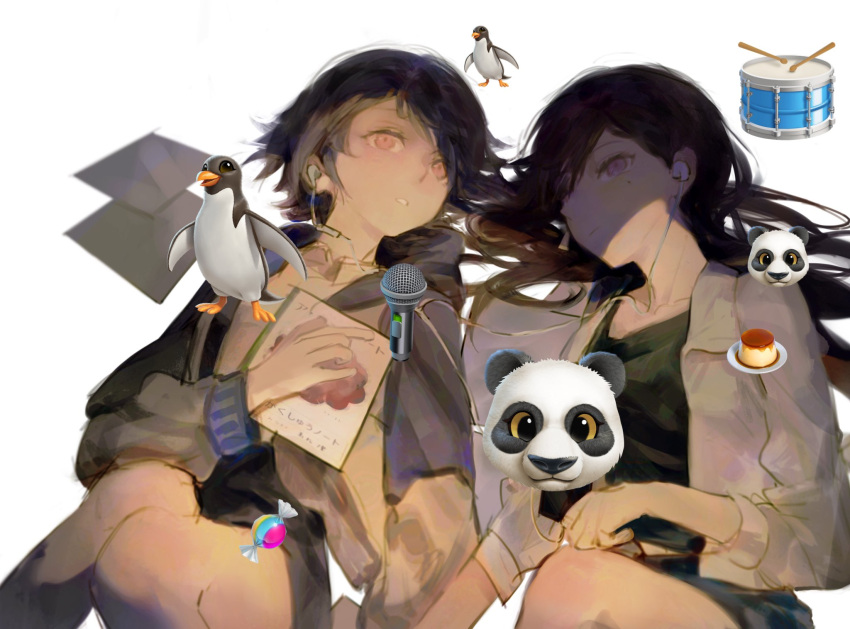 2girls, bang_dream!, bang_dream!_it's_mygo!!!!!, bird, black_hair, black_shirt, brown_eyes, closed_mouth, commentary_request, drum, drumsticks, earphones, earrings, food, grey_hair, hair_spread_out, highres, hood, hood_down, instrument, jacket, jewelry, korii1018, long_hair, lying, mole, mole_under_eye, multiple_girls, notebook, on_back, open_mouth, panda, penguin, pudding, shared_earphones, shiina_taki, shirt, short_hair, simple_background, single_earring, sleeves_past_elbows, takamatsu_tomori, violet_eyes, white_background, white_jacket