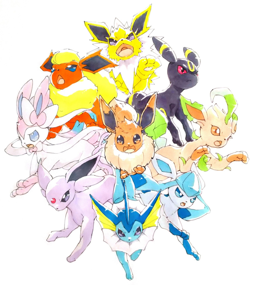 blue_eyes, brown_eyes, eevee, espeon, evolutionary_line, flareon, full_body, glaceon