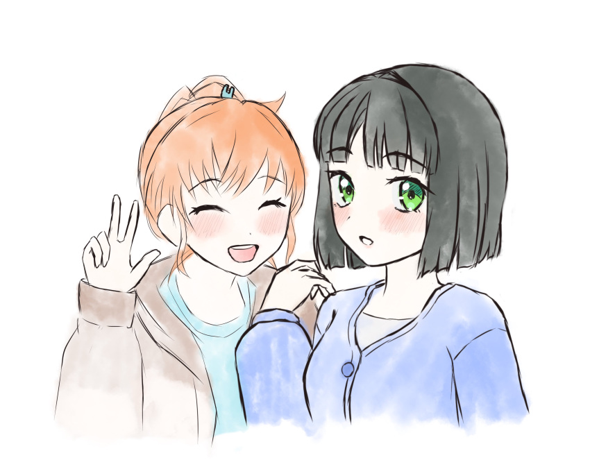 2girls, :d, ^_^, absurdres, black_hair, blue_cardigan, blue_shirt, blunt_bangs