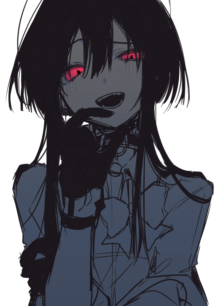1girl, absurdres, black_collar, black_gloves, blush, collar, cowboy_shot, fangs