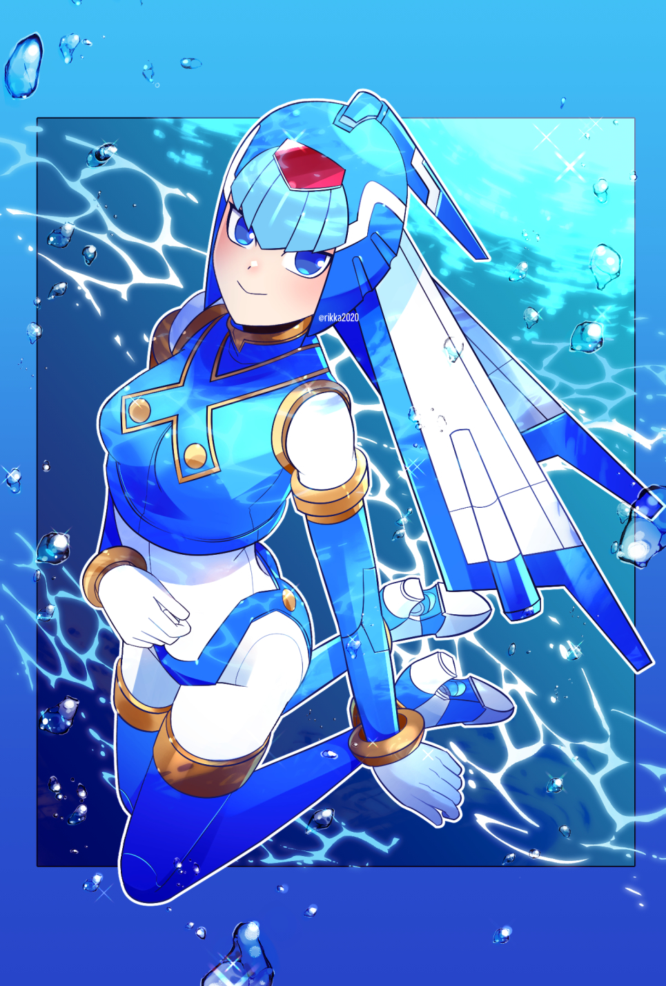 1girl, android, armor, blue_armor, blue_border, blue_eyes, blue_helmet, border, breasts, fairy_leviathan_(mega_man), forehead_jewel, full_body, helmet, highres, looking_at_viewer, medium_breasts, mega_man_(series), mega_man_zero_(series), rikka_(user_hruv2435), smile, solo, water_drop