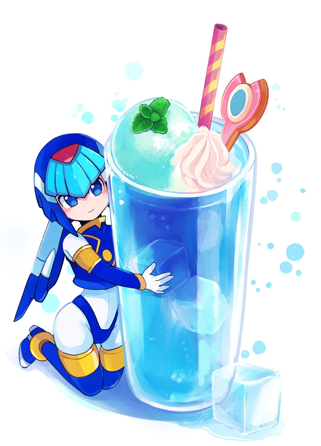 1girl, armor, blue_armor, blue_eyes, blue_helmet, drinking_straw, fairy_leviathan_(mega_man), forehead_jewel
