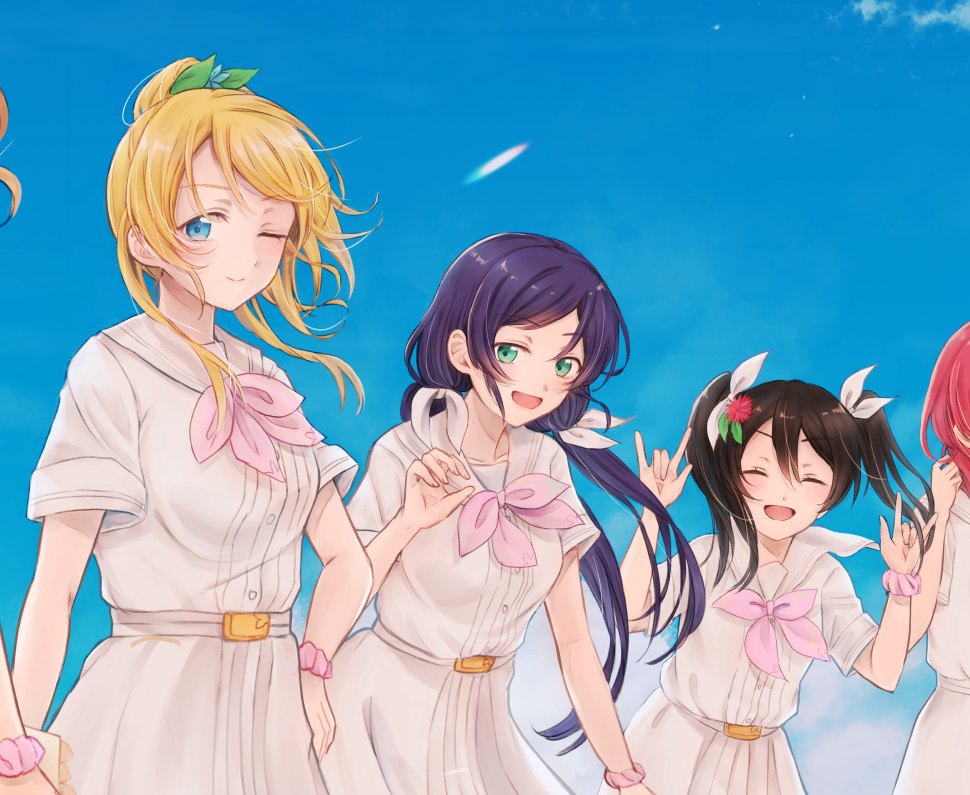 5girls, :d, ;), \m/, a_song_for_you!_you?_you!!, aqua_eyes, ayase_eli, black_hair