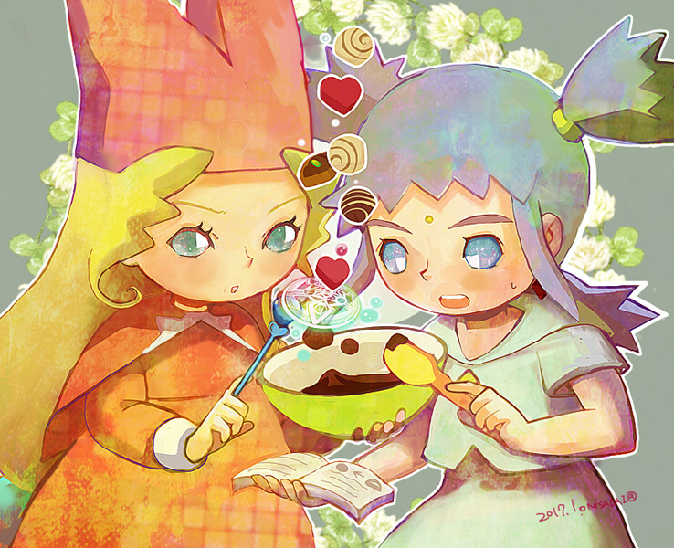 2girls, blonde_hair, blue_background, blue_dress, blue_eyes, book, cape, chocolate, cooking, dated, dress, flower, hat, holding, holding_book, holding_staff, hooded_dress, hyuu_(popolocrois), long_hair, magic, multiple_girls, narcia, onisada, open_mouth, popolocrois, purple_hair, red_cape, red_dress, red_hat, short_sleeves, sidelocks, staff, sweatdrop, teeth, twitter_username, two_side_up, upper_teeth_only, v-shaped_eyebrows, white_flower, witch_hat