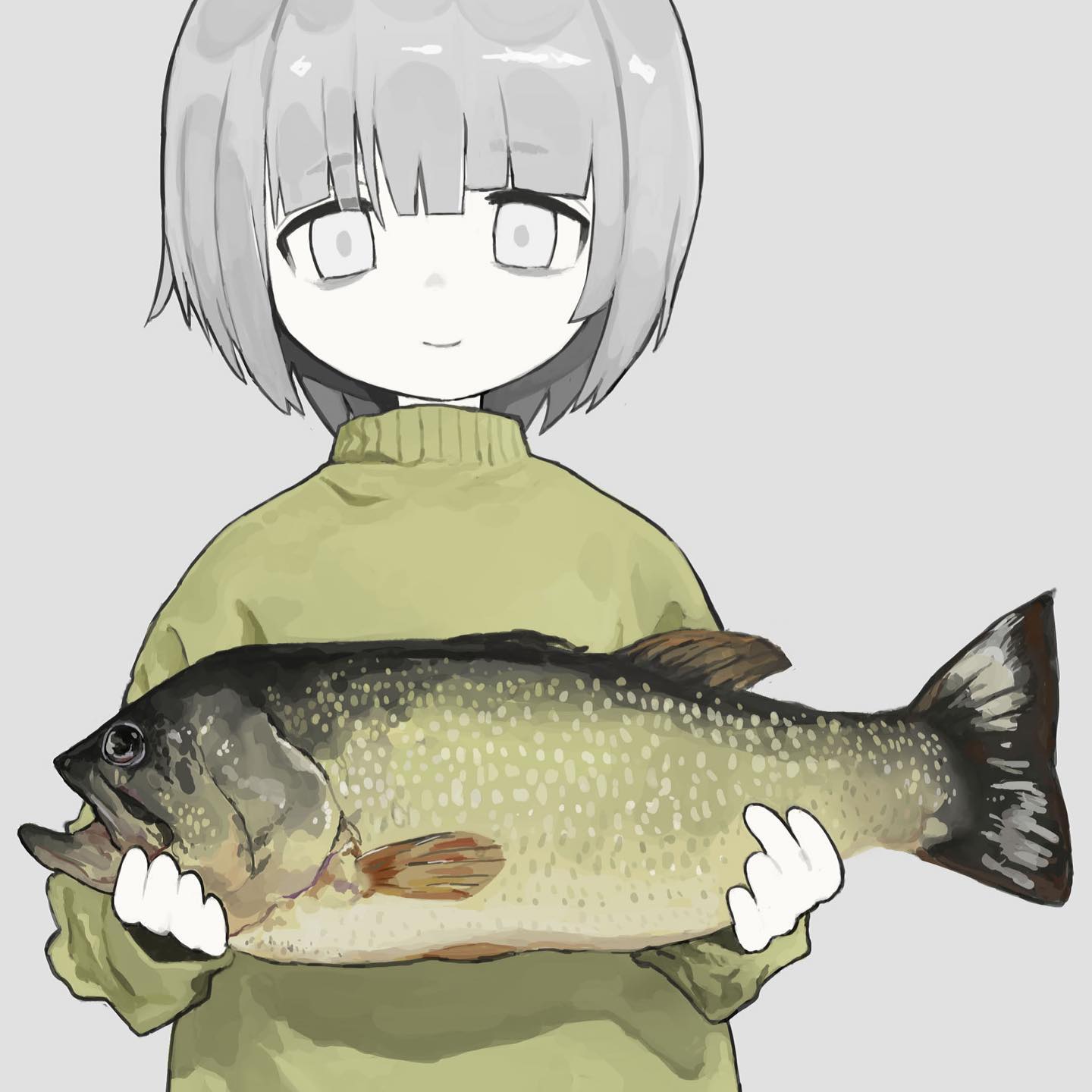 1girl, animal, aromemi, blunt_bangs, closed_mouth, fish, green_sweater, grey_background