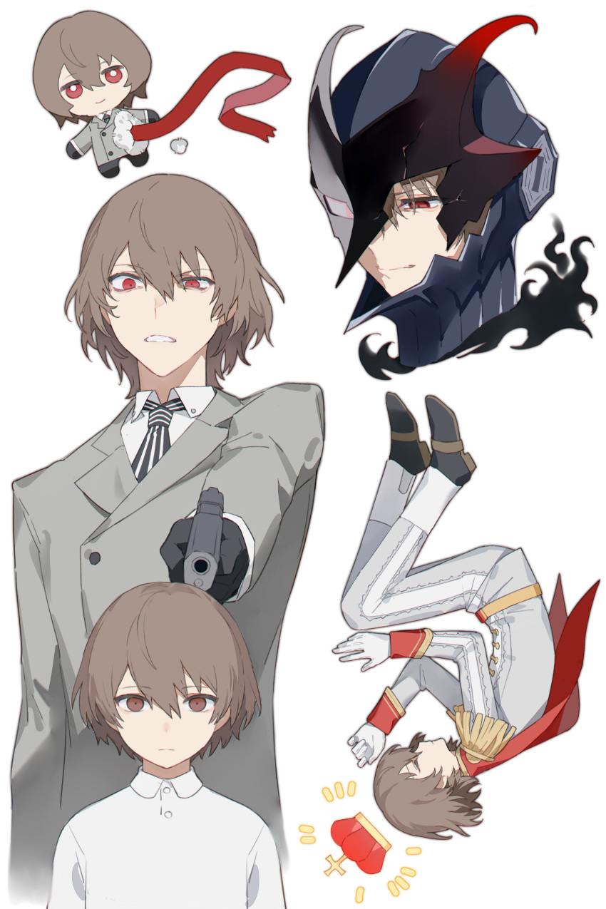 absurdres, akechi_gorou, anchun_(quail0503), black_gloves, brown_hair, closed_mouth, gloves, gun, hair_between_eyes, handgun, highres, holding, holding_gun, holding_weapon, male_focus, necktie, persona, persona_5, pointed_mask, red_eyes, short_hair, simple_background, stuffed_toy, weapon