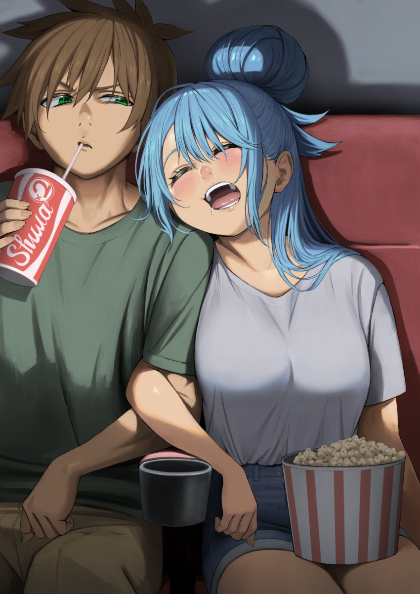 1boy, 1girl, aqua_(konosuba), arm_hug, blue_hair, blush, breasts, brown_hair