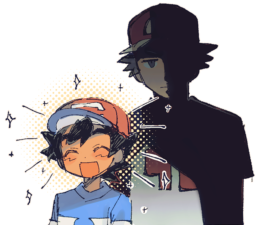 2boys, ash_ketchum, baseball_cap, black_hair, blue_shirt, blush_stickers, brothers, closed_eyes