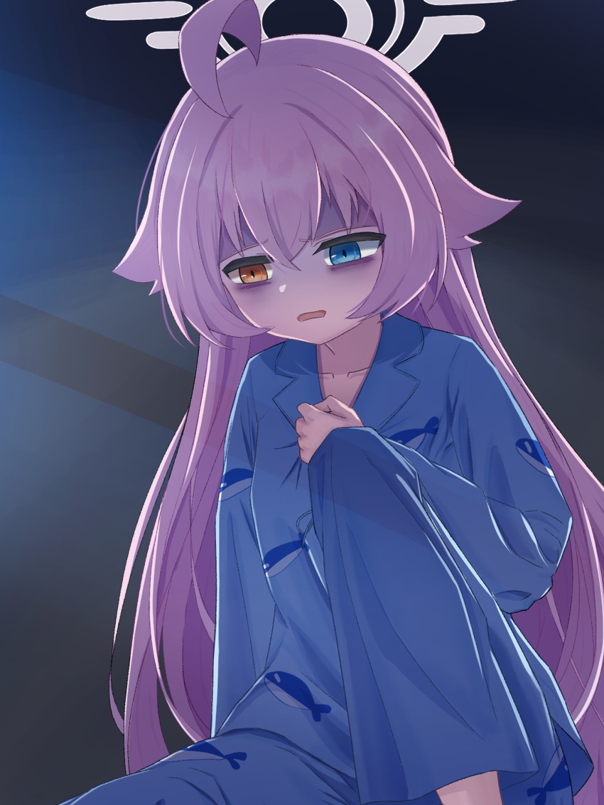 1girl, ahoge, alternate_costume, bags_under_eyes, blue_archive, blue_pajamas, clenched_hand, collarbone, dusttomato, halo, heterochromia, highres, hoshino_(blue_archive), long_hair, looking_down, open_mouth, pajamas, pink_hair, very_long_hair, whale