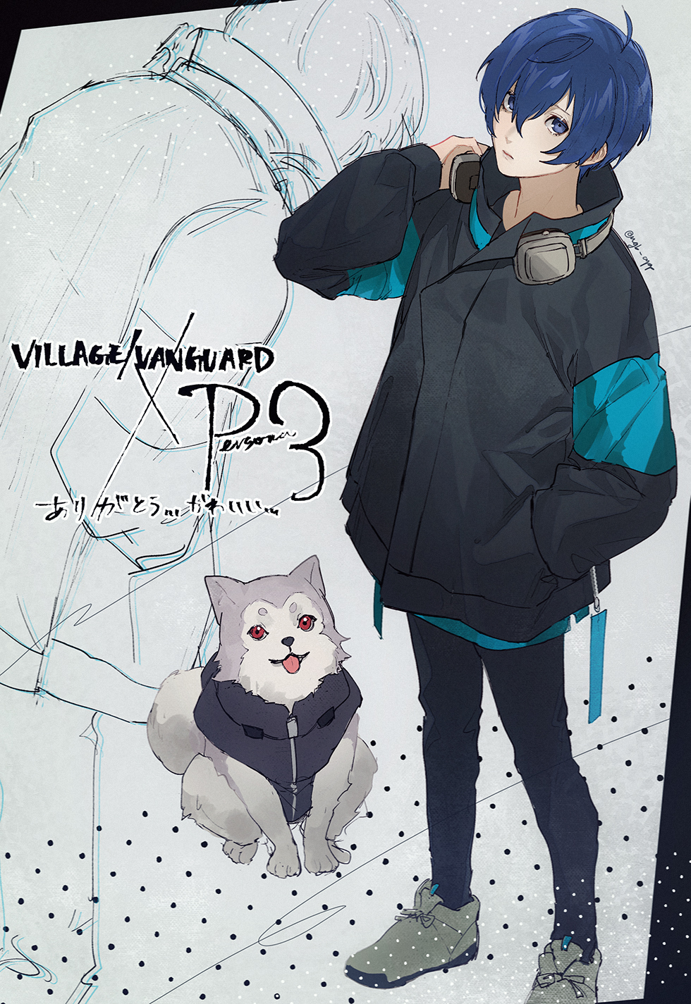 1boy, animal, artist_name, black_jacket, black_pants, blue_eyes, blue_hair, closed_mouth
