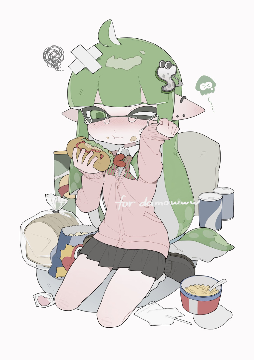1girl, :t, ahoge, bag_of_chips, bandaid, bandaid_on_head, black_footwear, black_skirt