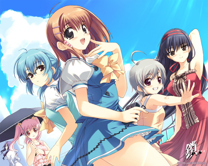 6+girls, ahoge, armpits, ayanobe_karen, ayanobe_tamami, black_eyes, black_hair, blue_hair
