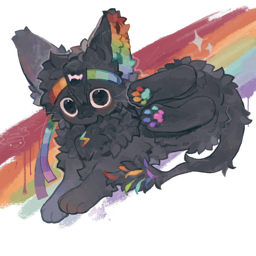 :3, animal, animal_focus, animalization, black_eyes, cat, chinese_commentary, commentary_request, fluffy, headband, highres, lifesteal_smp, looking_at_viewer, minecraft_youtube, no_humans, pawpads, rainbow, smile, spokeishere, sqzxuemiao, tail, whiskers, white_background