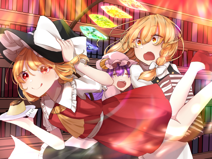 3girls, ascot, bare_legs, black_hat, blonde_hair, book, braid, closed_eyes