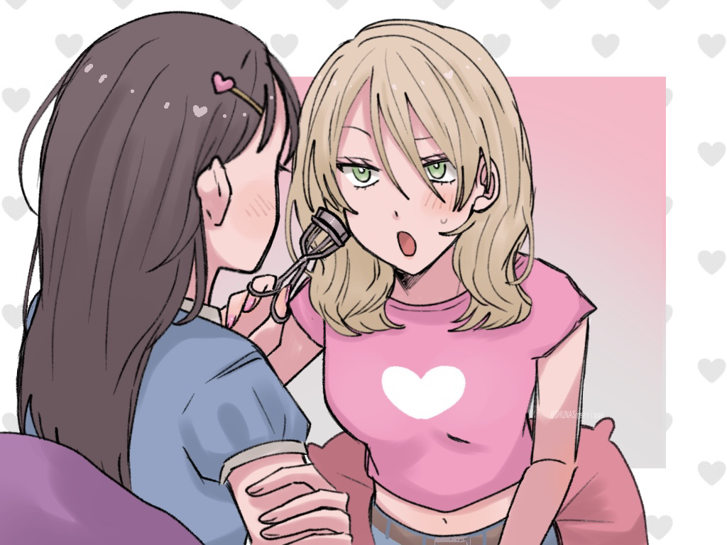 2girls, :o, alternate_hair_length, alternate_hairstyle, anzu_(ensemble_stars!), artist_name, blonde_hair, blue_shirt