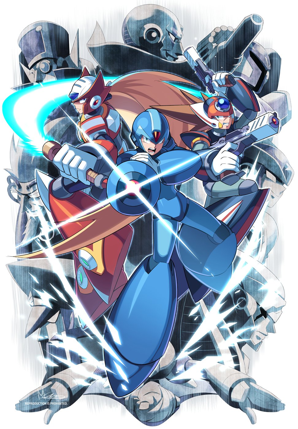 6+boys, arm_cannon, armor, axl_(mega_man), black_armor, black_helmet, blonde_hair, blue_armor