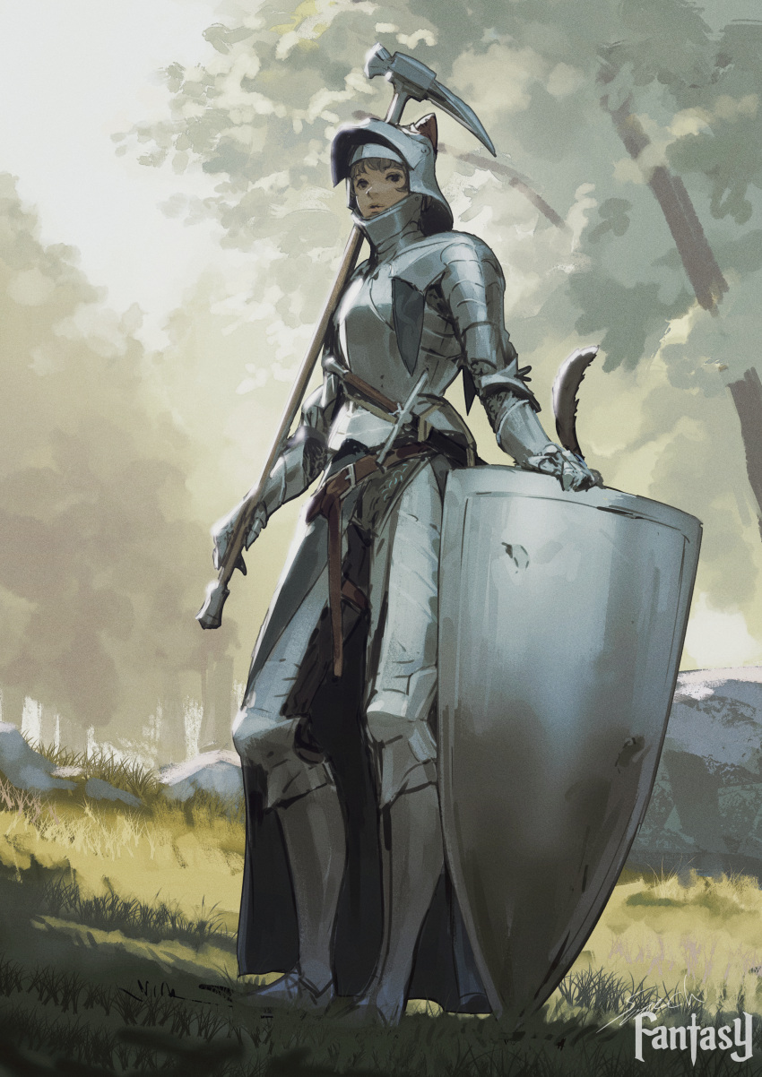 1girl, absurdres, animal_ears, armor, belt, bevor, black_eyes, brown_hair, couter, cuirass, cuisses, evening, forest, full_armor, full_body, gauntlets, grass, helmet, highres, knight, medieval, nature, on_grass, original, outdoors, over_shoulder, pauldrons, planted_shield, plate_armor, poleyn, rerebrace, sabaton, sheath, sheathed, shield, shoulder_armor, solo, sonech, standing, sword, tail, tree, visor_lift, war_hammer, weapon, weapon_over_shoulder