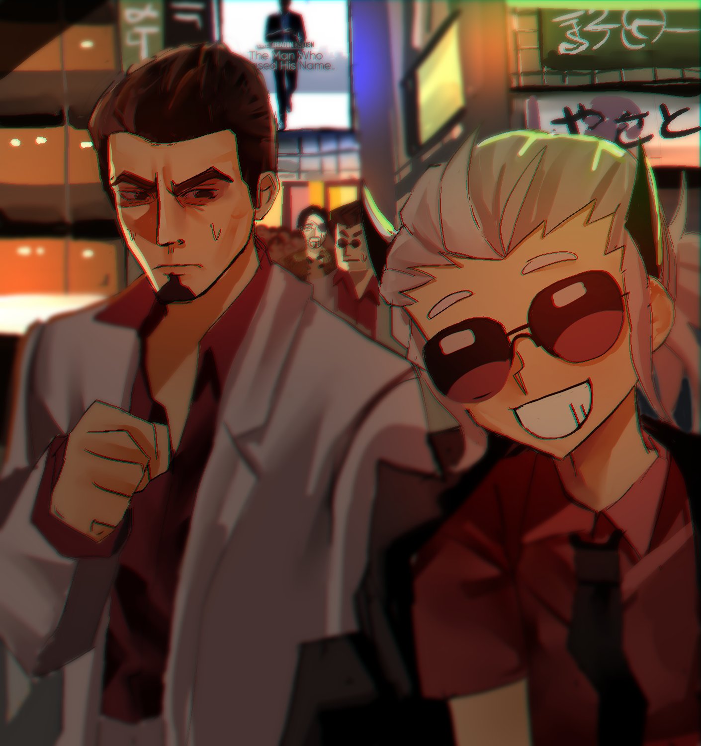 1boy, 1girl, black_hair, black_horns, black_jacket, city, eyepatch, hair_bun, helltaker, helltaker_(character), highres, horns, jacket, justice_(helltaker), kiryu_kazuma, looking_at_another, looking_at_viewer, majima_goro, mykokampfwagen, open_clothes, open_jacket, outdoors, red_shirt, ryuu_ga_gotoku_(series), shirt, smile, sunglasses, sweatdrop, teeth, white_hair, white_jacket