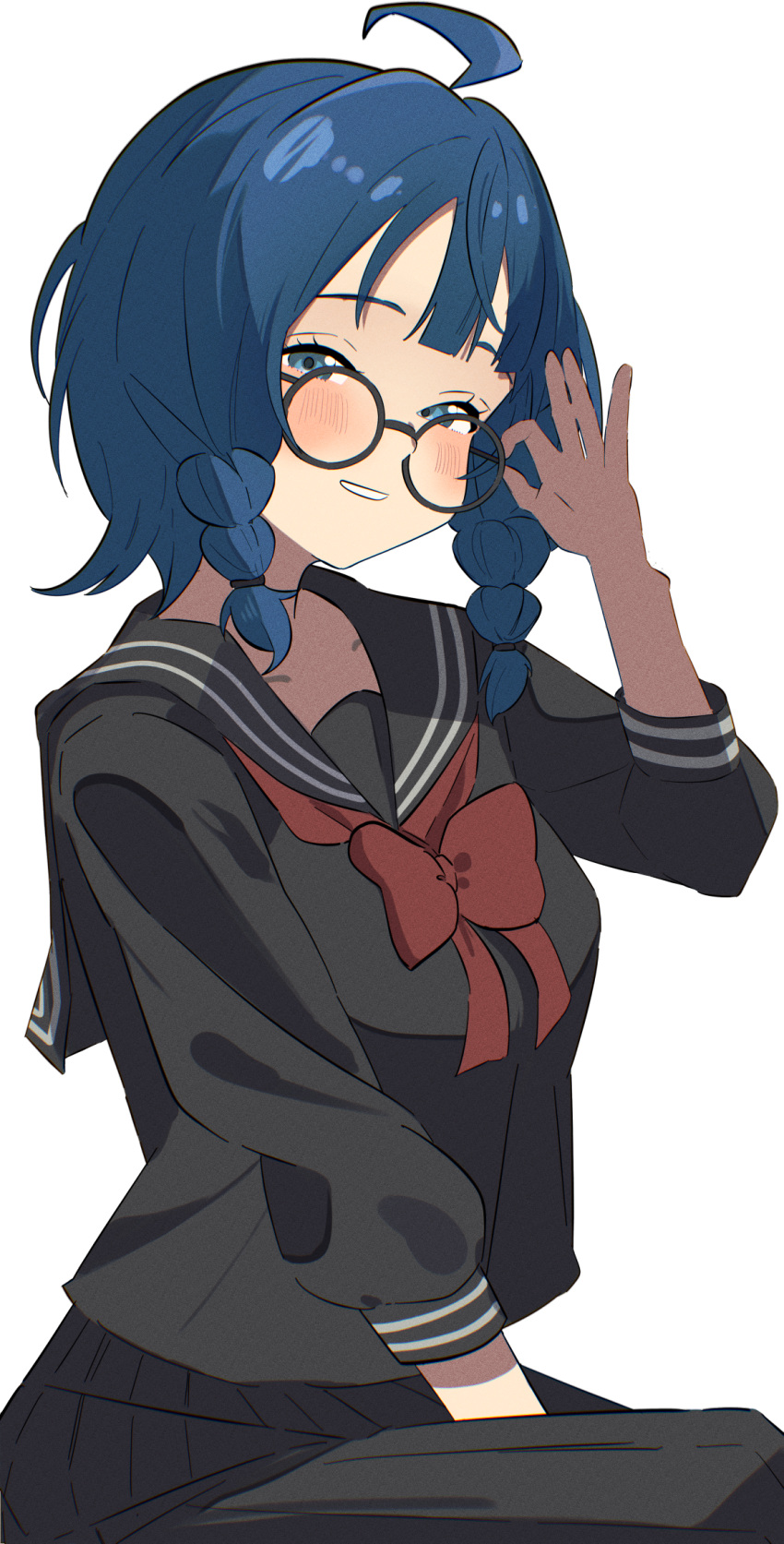 adjusting_eyewear, ahoge, black-framed_eyewear, black_sailor_collar, black_serafuku, black_skirt, blue_eyes, blue_hair, bow, bowtie, braided_sidelock, collarbone, facing_viewer, glasses, half-closed_eyes, hand_on_eyewear, hand_up, highres, light_blush, looking_at_viewer, make_heroine_ga_oo_sugiru!, nemu_(jdgz3357), parted_lips, red_bow, red_bowtie, round_eyewear, sailor_collar, school_uniform, serafuku, short_hair, simple_background, sitting, skirt, sleeves_past_elbows, smile, three_quarter_view, white_background, yanami_anna