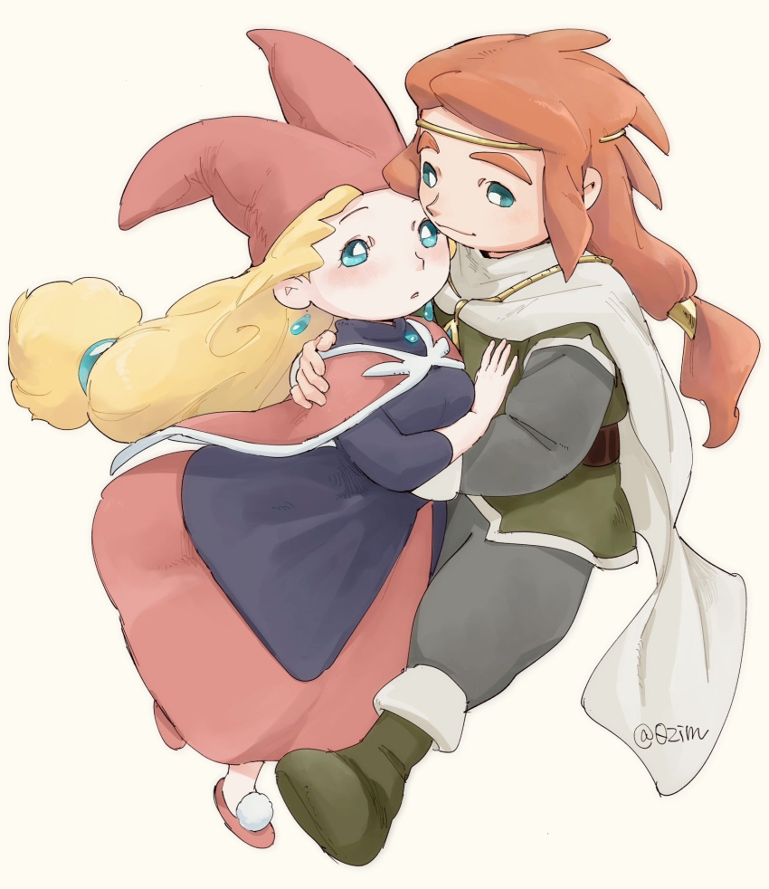 1boy, 1girl, :o, blonde_hair, blue_eyes, blue_pants, cape, commentary