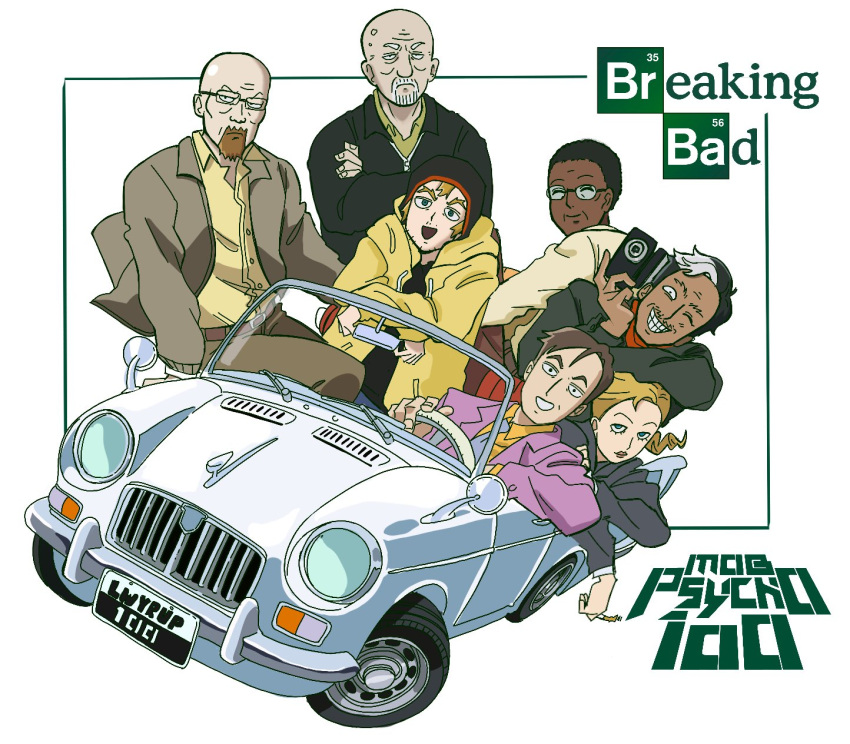 1girl, 6+boys, arm_on_another's_head, bald, bandana, beanie, beard, belt