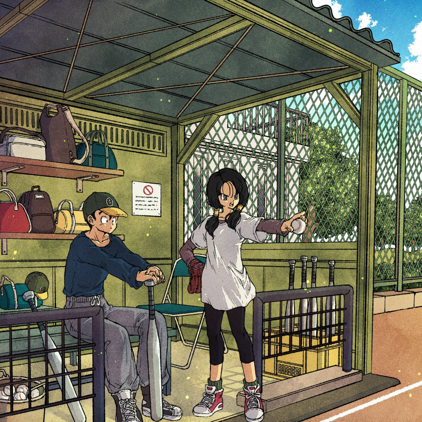 1boy, 1girl, bag, baseball, baseball_bat, baseball_cap, baseball_mitt, bench, black_hair, blue_eyes, blue_sky, building, clouds, dragon_ball, dragon_ball_z, fence, hat, highres, low_twintails, open_mouth, pants, pointing, shoes, sign, sitting, sky, sneakers, son_gohan, toriga, track_pants, twintails, videl