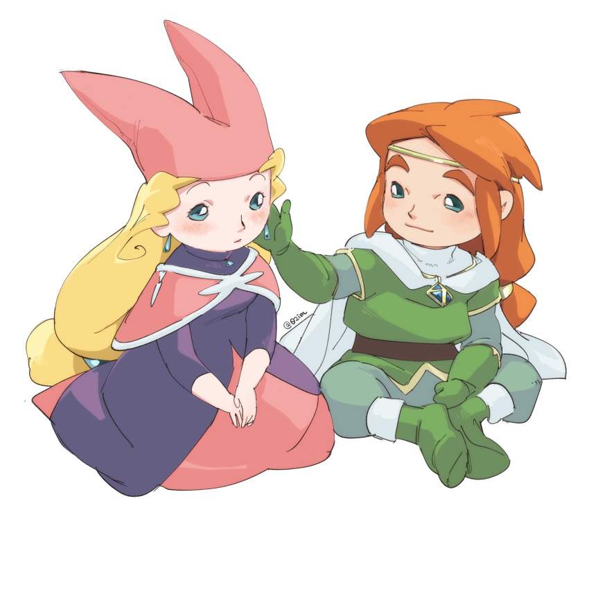 1boy, 1girl, blonde_hair, blush, cape, dress, earrings, gloves