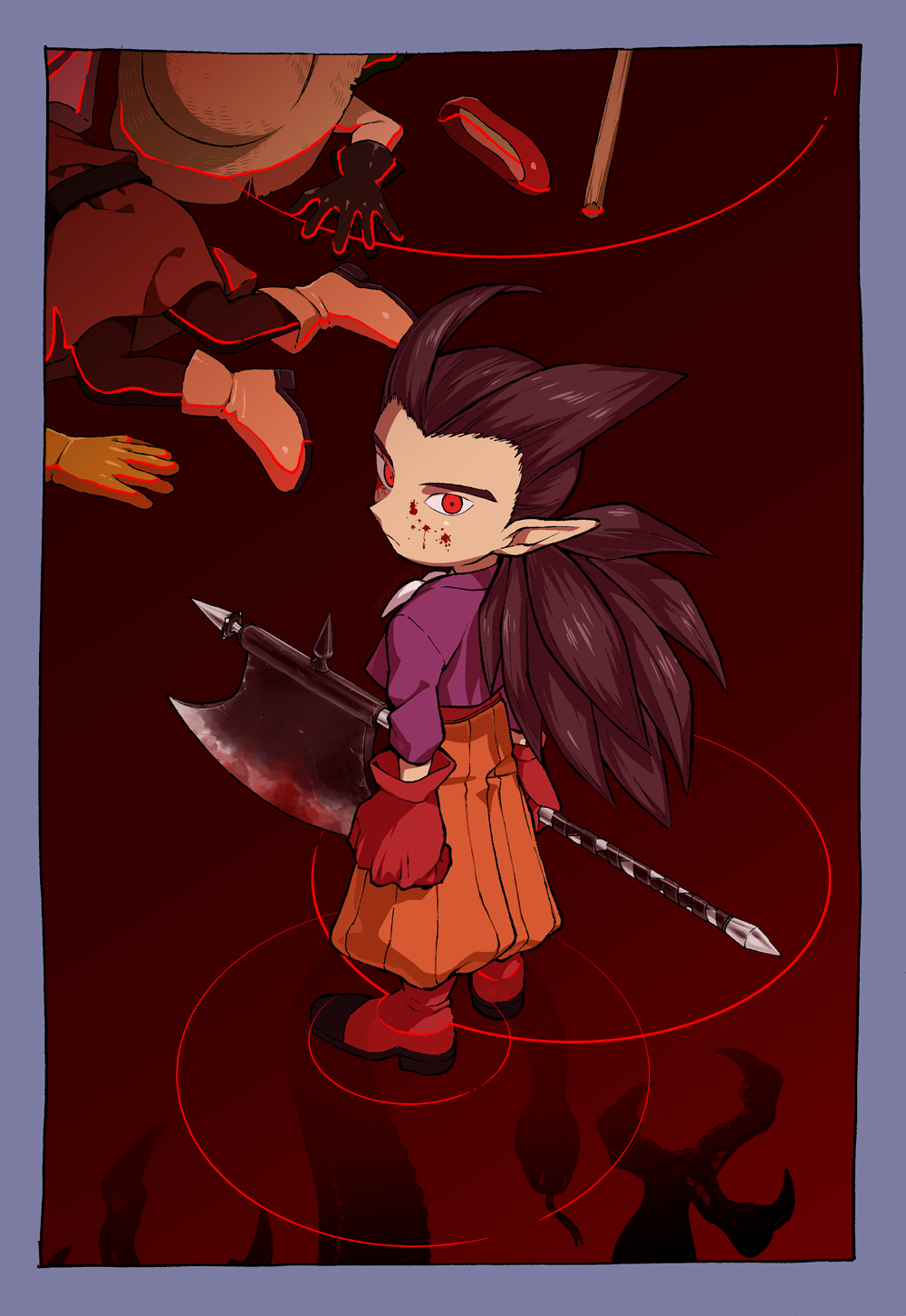 1boy, antenna_hair, axe, belt, blood, blood_on_face, blood_on_weapon, blue_border