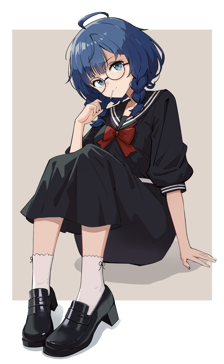 1girl, absurdres, ahoge, bespectacled, black-framed_eyewear, black_footwear, black_sailor_collar, black_serafuku