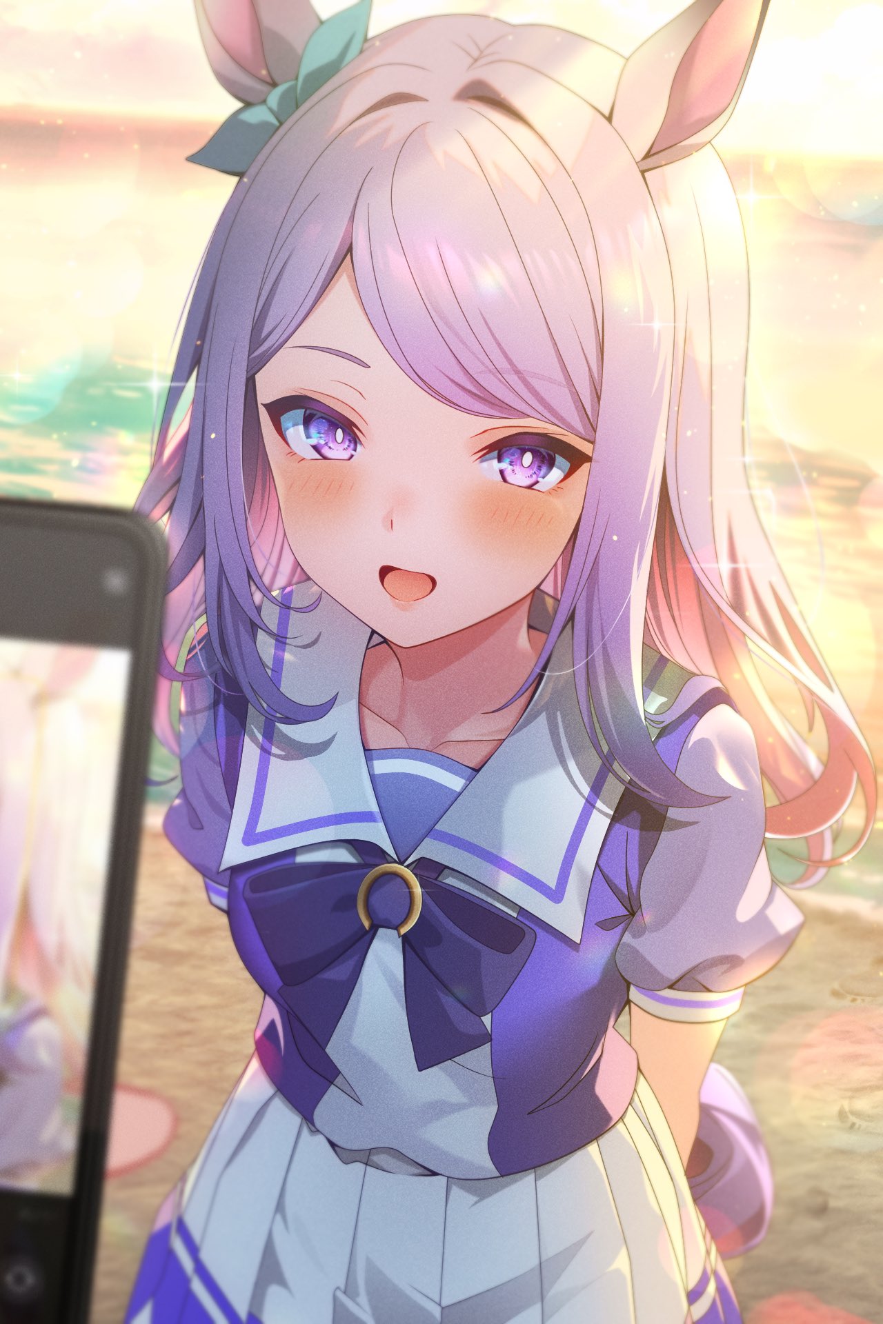 1girl, animal_ears, aoi_(07aoi15), arms_behind_back, blurry, blurry_background, blush, breasts