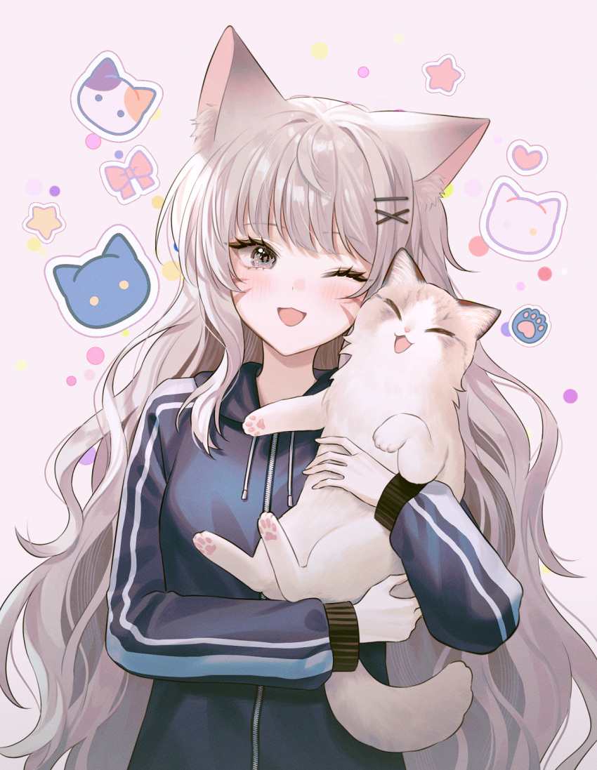 1girl, ;d, animal, animal_ears, black_jacket, carrying, cat, cat_ears