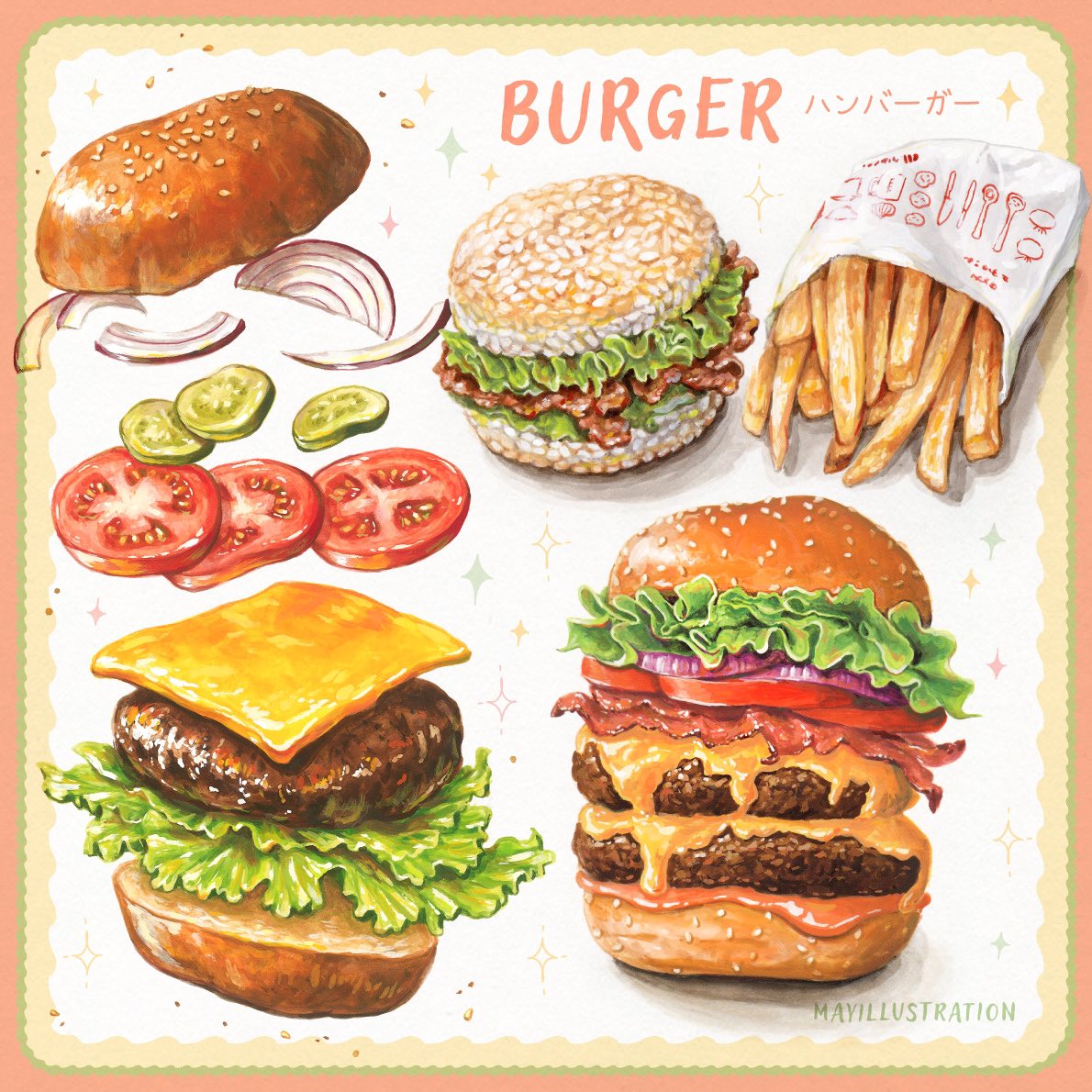 artist_name, bread, burger, cheese, fast_food, food, food_focus, french_fries, lettuce, may_illust5, meat, no_humans, onion, onion_slice, original, pickle, sesame_seeds, still_life, tomato, tomato_slice, traditional_media