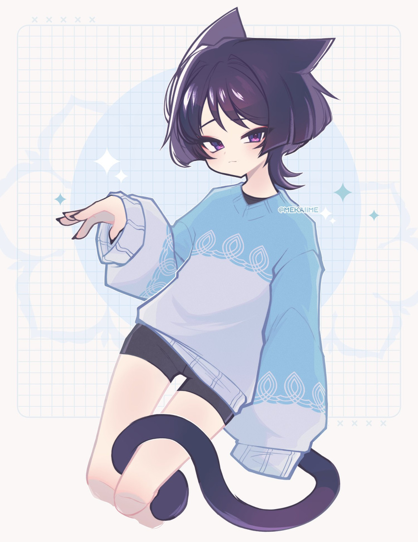1boy, alternate_costume, animal_ears, aqua_sleeves, aqua_sweater, black_nails, black_shorts, cat_ears